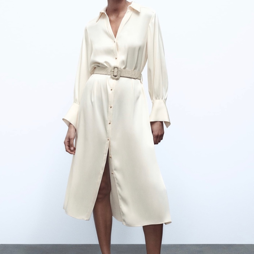 Ivory satin button dress- Midi